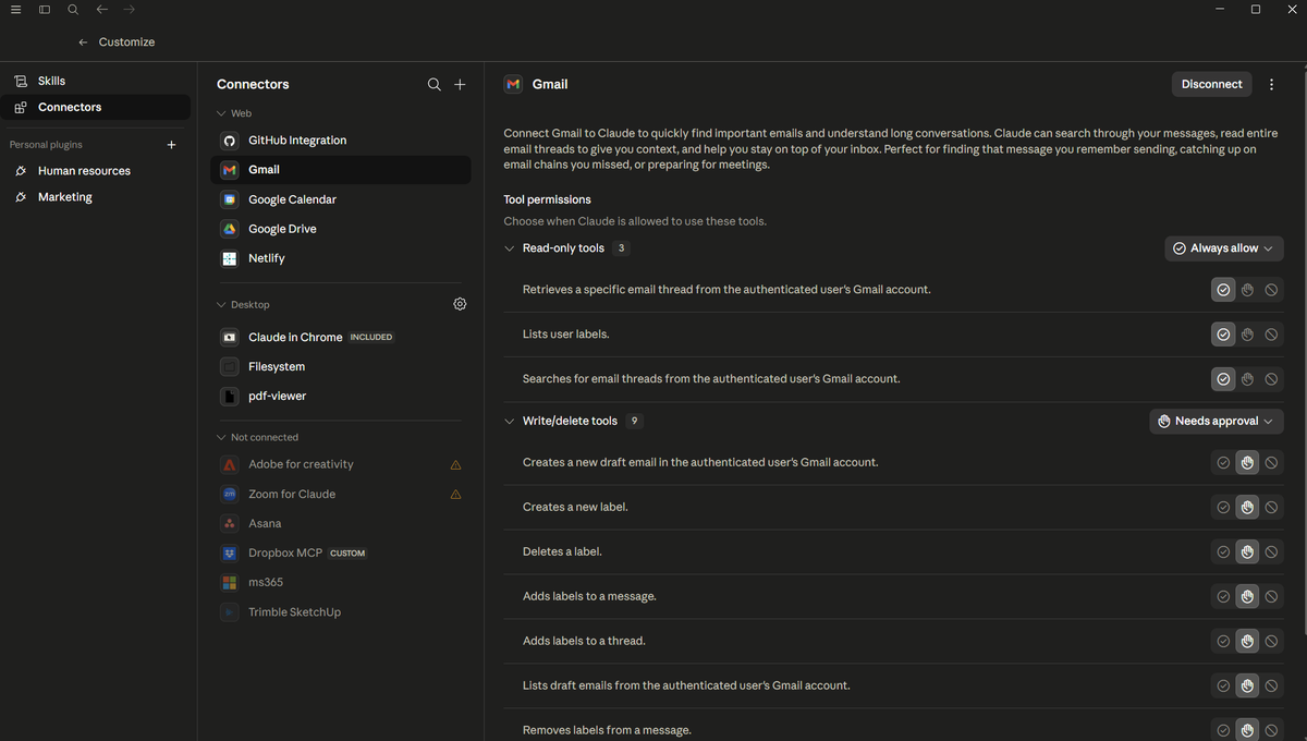 The Connectors page in Cowork, with granular permissions per connected tool.