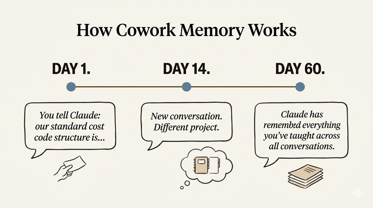 How Cowork memory builds up across conversations over time.