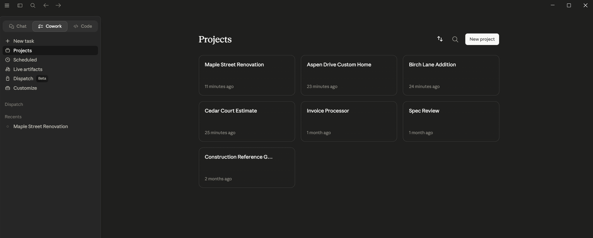 The Projects panel in Cowork, where each card is a separate workspace.