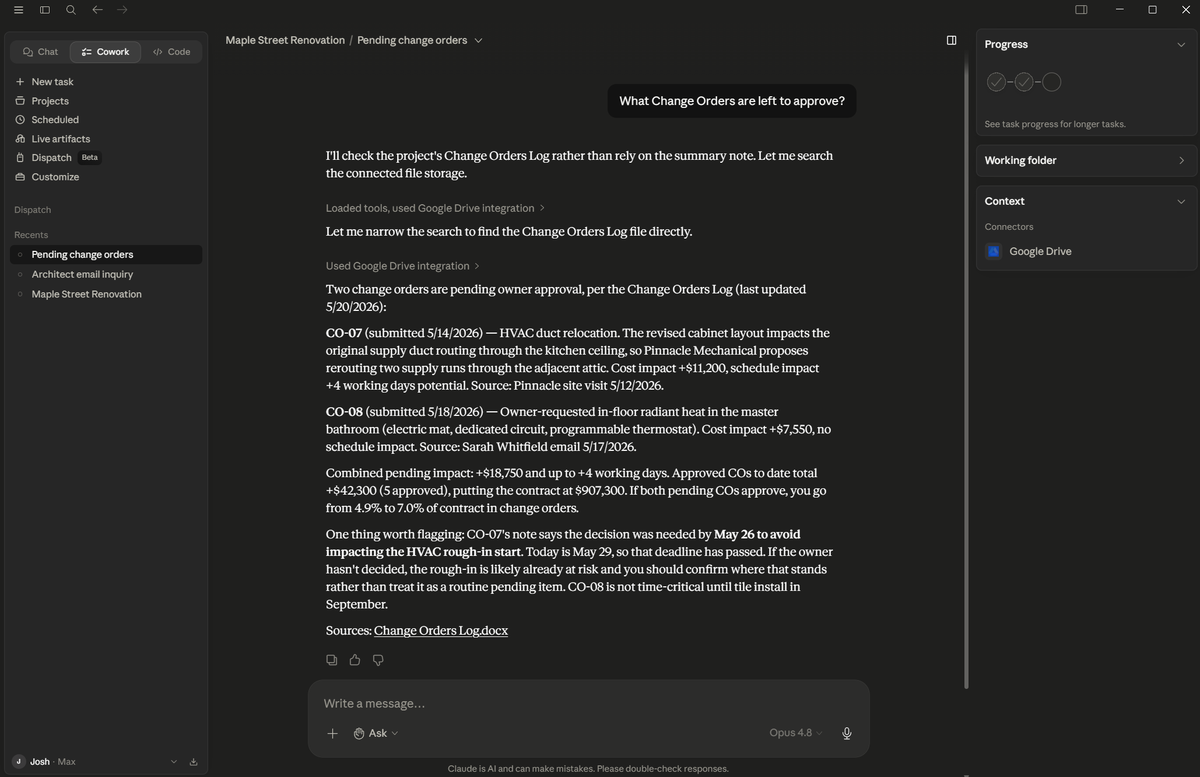 A real skill in action, answering which change orders are pending approval from the project files.